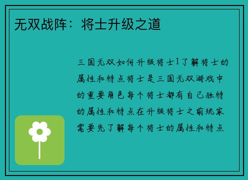 无双战阵：将士升级之道